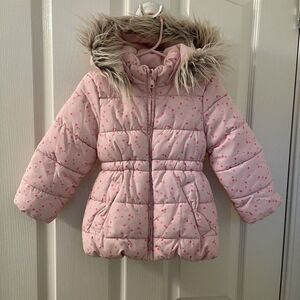 H&M Pink Heart Puffer Jacket Faux Fur Trim Hood Girls Size 2-3 years